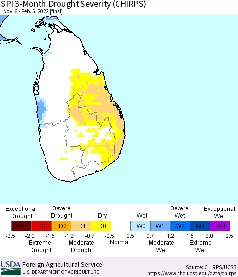 Sri Lanka SPI 3-Month Drought Severity (CHIRPS) Thematic Map For 11/6/2021 - 2/5/2022
