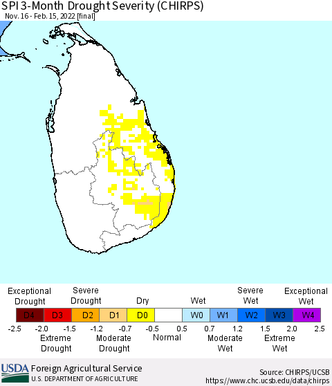 Sri Lanka SPI 3-Month Drought Severity (CHIRPS) Thematic Map For 11/16/2021 - 2/15/2022