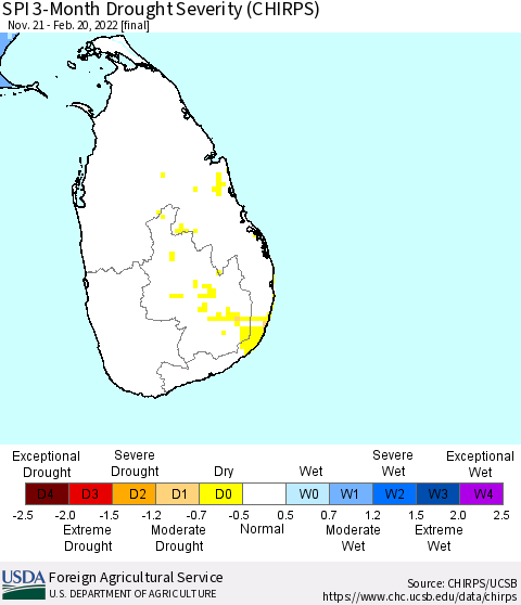 Sri Lanka SPI 3-Month Drought Severity (CHIRPS) Thematic Map For 11/21/2021 - 2/20/2022