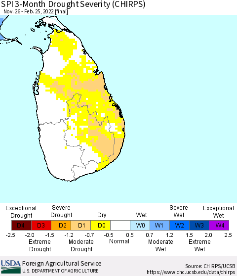 Sri Lanka SPI 3-Month Drought Severity (CHIRPS) Thematic Map For 11/26/2021 - 2/25/2022