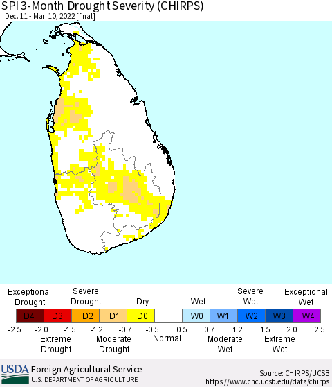 Sri Lanka SPI 3-Month Drought Severity (CHIRPS) Thematic Map For 12/11/2021 - 3/10/2022