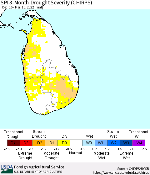 Sri Lanka SPI 3-Month Drought Severity (CHIRPS) Thematic Map For 12/16/2021 - 3/15/2022