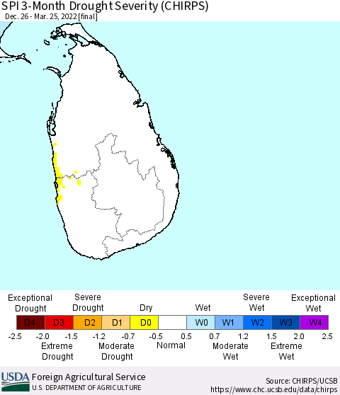 Sri Lanka SPI 3-Month Drought Severity (CHIRPS) Thematic Map For 12/26/2021 - 3/25/2022
