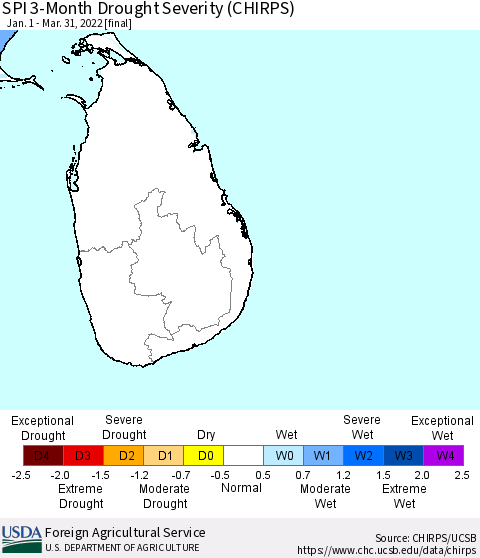 Sri Lanka SPI 3-Month Drought Severity (CHIRPS) Thematic Map For 1/1/2022 - 3/31/2022