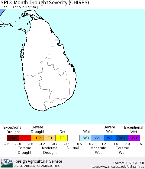 Sri Lanka SPI 3-Month Drought Severity (CHIRPS) Thematic Map For 1/6/2022 - 4/5/2022