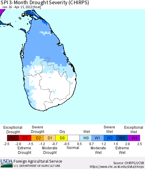 Sri Lanka SPI 3-Month Drought Severity (CHIRPS) Thematic Map For 1/16/2022 - 4/15/2022
