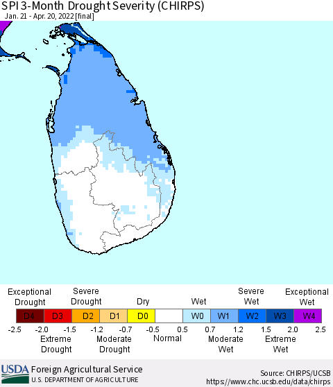 Sri Lanka SPI 3-Month Drought Severity (CHIRPS) Thematic Map For 1/21/2022 - 4/20/2022