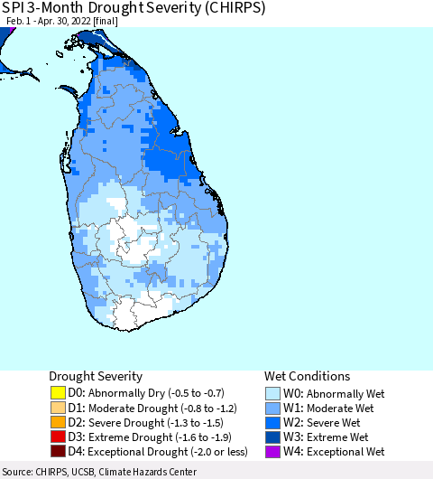 Sri Lanka SPI 3-Month Drought Severity (CHIRPS) Thematic Map For 2/1/2022 - 4/30/2022