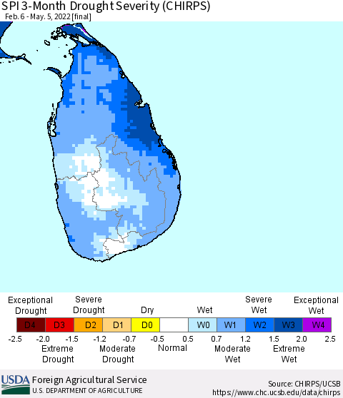 Sri Lanka SPI 3-Month Drought Severity (CHIRPS) Thematic Map For 2/6/2022 - 5/5/2022