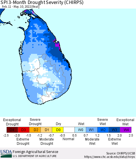 Sri Lanka SPI 3-Month Drought Severity (CHIRPS) Thematic Map For 2/11/2022 - 5/10/2022