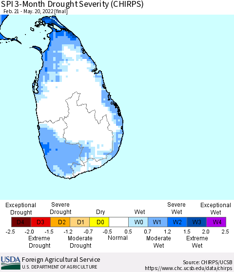 Sri Lanka SPI 3-Month Drought Severity (CHIRPS) Thematic Map For 2/21/2022 - 5/20/2022
