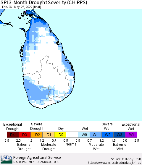 Sri Lanka SPI 3-Month Drought Severity (CHIRPS) Thematic Map For 2/26/2022 - 5/25/2022