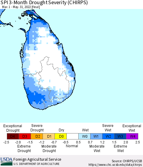 Sri Lanka SPI 3-Month Drought Severity (CHIRPS) Thematic Map For 3/1/2022 - 5/31/2022