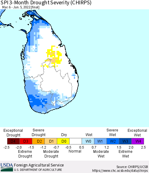 Sri Lanka SPI 3-Month Drought Severity (CHIRPS) Thematic Map For 3/6/2022 - 6/5/2022