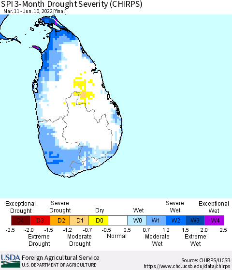 Sri Lanka SPI 3-Month Drought Severity (CHIRPS) Thematic Map For 3/11/2022 - 6/10/2022
