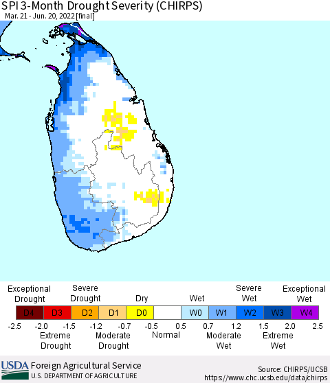Sri Lanka SPI 3-Month Drought Severity (CHIRPS) Thematic Map For 3/21/2022 - 6/20/2022