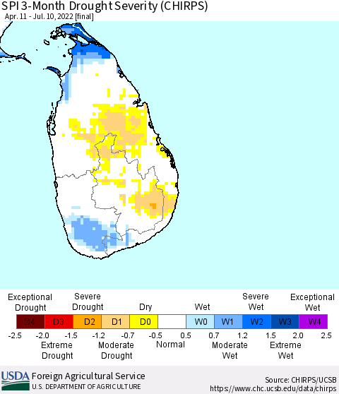 Sri Lanka SPI 3-Month Drought Severity (CHIRPS) Thematic Map For 4/11/2022 - 7/10/2022