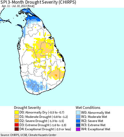 Sri Lanka SPI 3-Month Drought Severity (CHIRPS) Thematic Map For 4/11/2022 - 7/10/2022