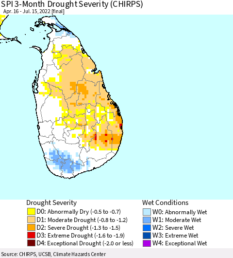 Sri Lanka SPI 3-Month Drought Severity (CHIRPS) Thematic Map For 4/16/2022 - 7/15/2022