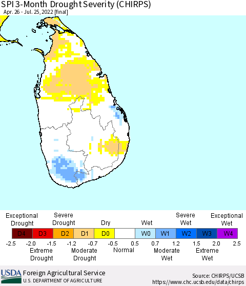 Sri Lanka SPI 3-Month Drought Severity (CHIRPS) Thematic Map For 4/26/2022 - 7/25/2022