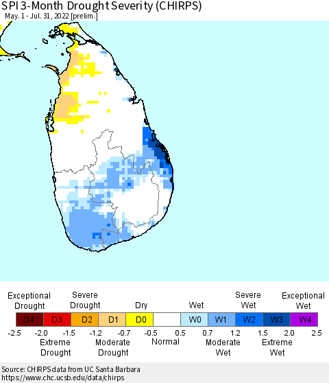 Sri Lanka SPI 3-Month Drought Severity (CHIRPS) Thematic Map For 5/1/2022 - 7/31/2022