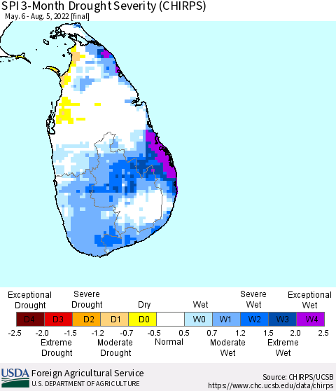 Sri Lanka SPI 3-Month Drought Severity (CHIRPS) Thematic Map For 5/6/2022 - 8/5/2022