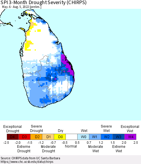 Sri Lanka SPI 3-Month Drought Severity (CHIRPS) Thematic Map For 5/6/2022 - 8/5/2022