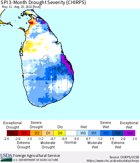 Sri Lanka SPI 3-Month Drought Severity (CHIRPS) Thematic Map For 5/11/2022 - 8/10/2022