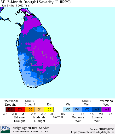 Sri Lanka SPI 3-Month Drought Severity (CHIRPS) Thematic Map For 6/6/2022 - 9/5/2022