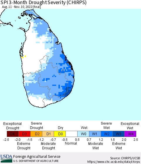 Sri Lanka SPI 3-Month Drought Severity (CHIRPS) Thematic Map For 8/11/2022 - 11/10/2022