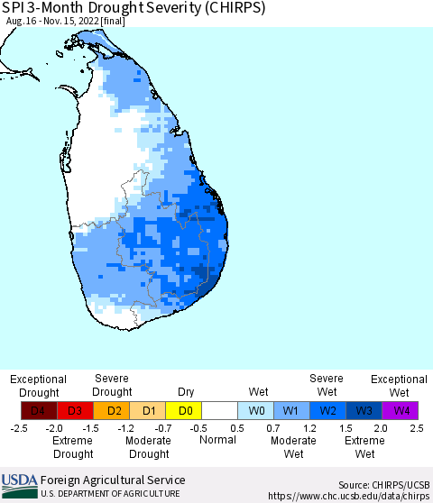 Sri Lanka SPI 3-Month Drought Severity (CHIRPS) Thematic Map For 8/16/2022 - 11/15/2022
