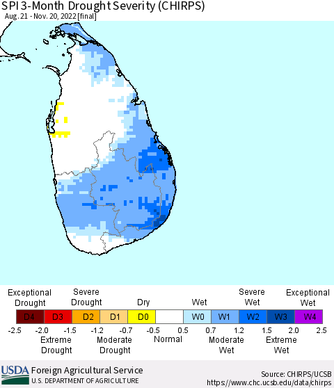 Sri Lanka SPI 3-Month Drought Severity (CHIRPS) Thematic Map For 8/21/2022 - 11/20/2022
