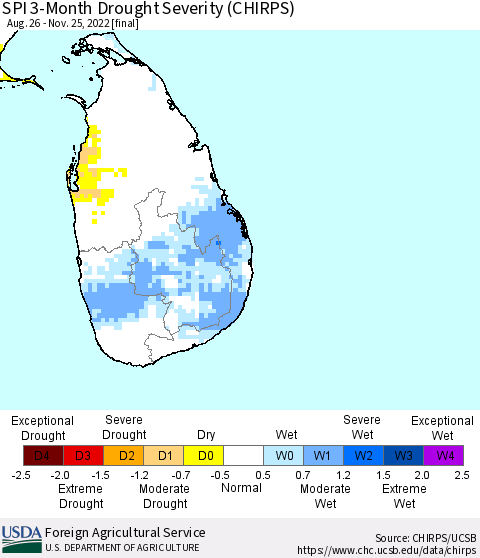 Sri Lanka SPI 3-Month Drought Severity (CHIRPS) Thematic Map For 8/26/2022 - 11/25/2022