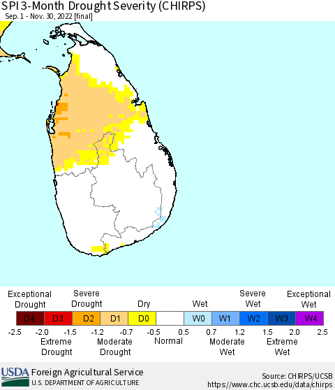 Sri Lanka SPI 3-Month Drought Severity (CHIRPS) Thematic Map For 9/1/2022 - 11/30/2022