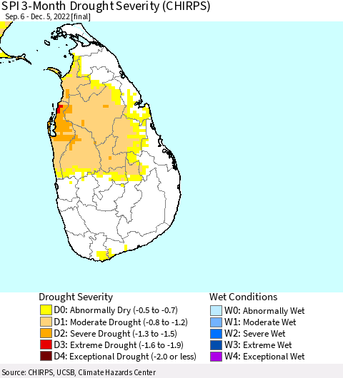 Sri Lanka SPI 3-Month Drought Severity (CHIRPS) Thematic Map For 9/6/2022 - 12/5/2022