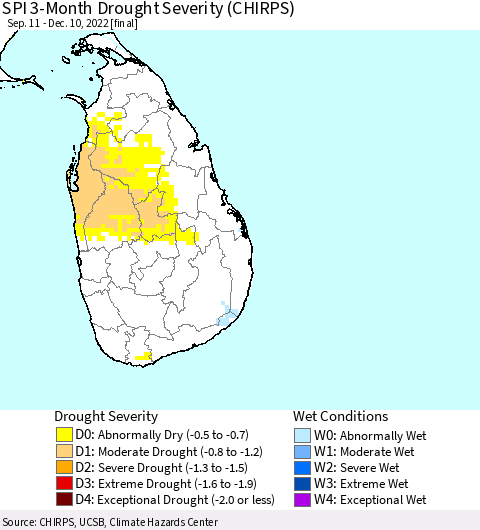 Sri Lanka SPI 3-Month Drought Severity (CHIRPS) Thematic Map For 9/11/2022 - 12/10/2022