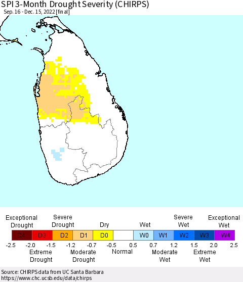 Sri Lanka SPI 3-Month Drought Severity (CHIRPS) Thematic Map For 9/16/2022 - 12/15/2022