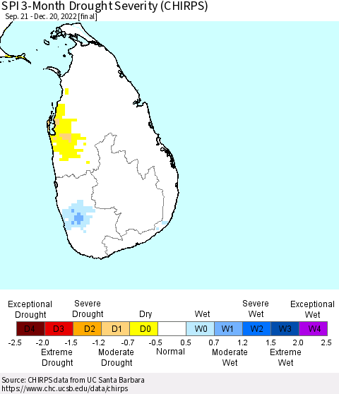 Sri Lanka SPI 3-Month Drought Severity (CHIRPS) Thematic Map For 9/21/2022 - 12/20/2022