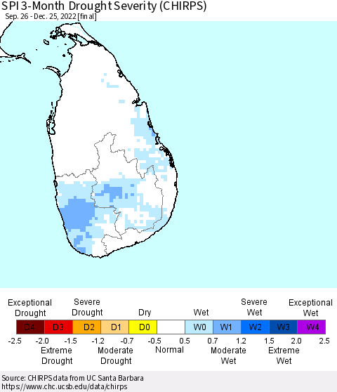 Sri Lanka SPI 3-Month Drought Severity (CHIRPS) Thematic Map For 9/26/2022 - 12/25/2022