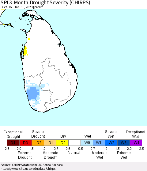 Sri Lanka SPI 3-Month Drought Severity (CHIRPS) Thematic Map For 10/16/2022 - 1/15/2023