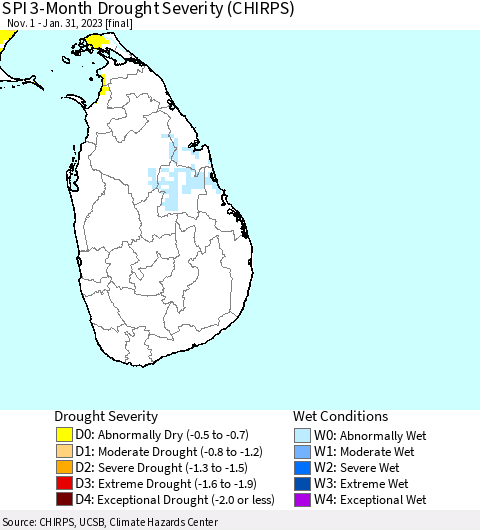 Sri Lanka SPI 3-Month Drought Severity (CHIRPS) Thematic Map For 11/1/2022 - 1/31/2023