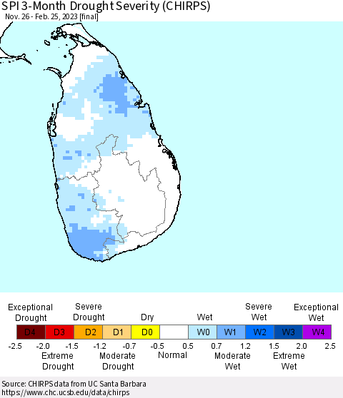 Sri Lanka SPI 3-Month Drought Severity (CHIRPS) Thematic Map For 11/26/2022 - 2/25/2023