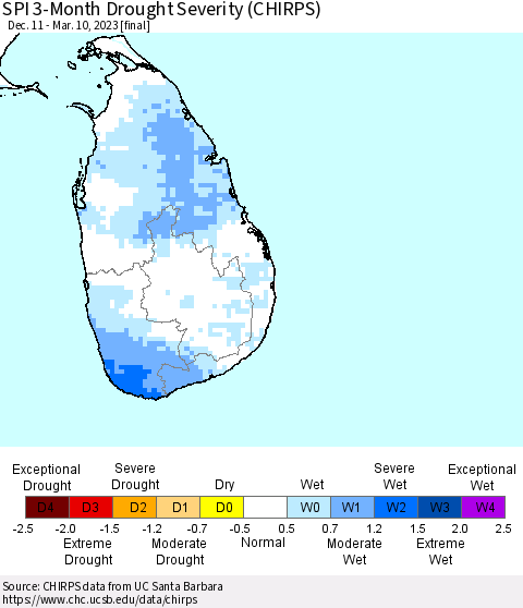 Sri Lanka SPI 3-Month Drought Severity (CHIRPS) Thematic Map For 12/11/2022 - 3/10/2023