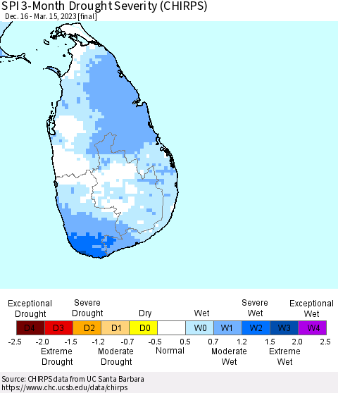 Sri Lanka SPI 3-Month Drought Severity (CHIRPS) Thematic Map For 12/16/2022 - 3/15/2023