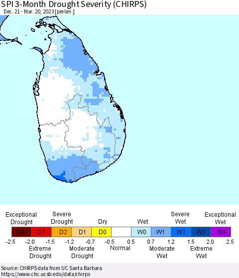 Sri Lanka SPI 3-Month Drought Severity (CHIRPS) Thematic Map For 12/21/2022 - 3/20/2023