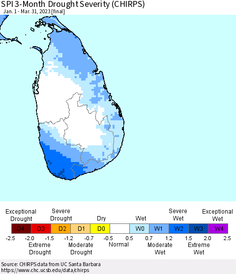 Sri Lanka SPI 3-Month Drought Severity (CHIRPS) Thematic Map For 1/1/2023 - 3/31/2023