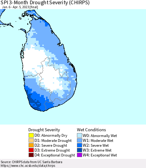 Sri Lanka SPI 3-Month Drought Severity (CHIRPS) Thematic Map For 1/6/2023 - 4/5/2023