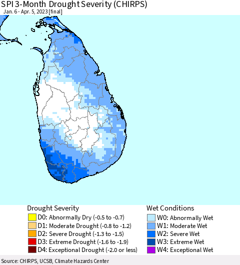 Sri Lanka SPI 3-Month Drought Severity (CHIRPS) Thematic Map For 1/6/2023 - 4/5/2023