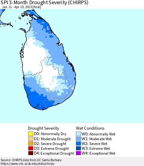 Sri Lanka SPI 3-Month Drought Severity (CHIRPS) Thematic Map For 1/11/2023 - 4/10/2023