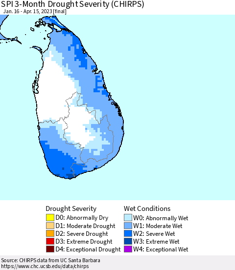 Sri Lanka SPI 3-Month Drought Severity (CHIRPS) Thematic Map For 1/16/2023 - 4/15/2023